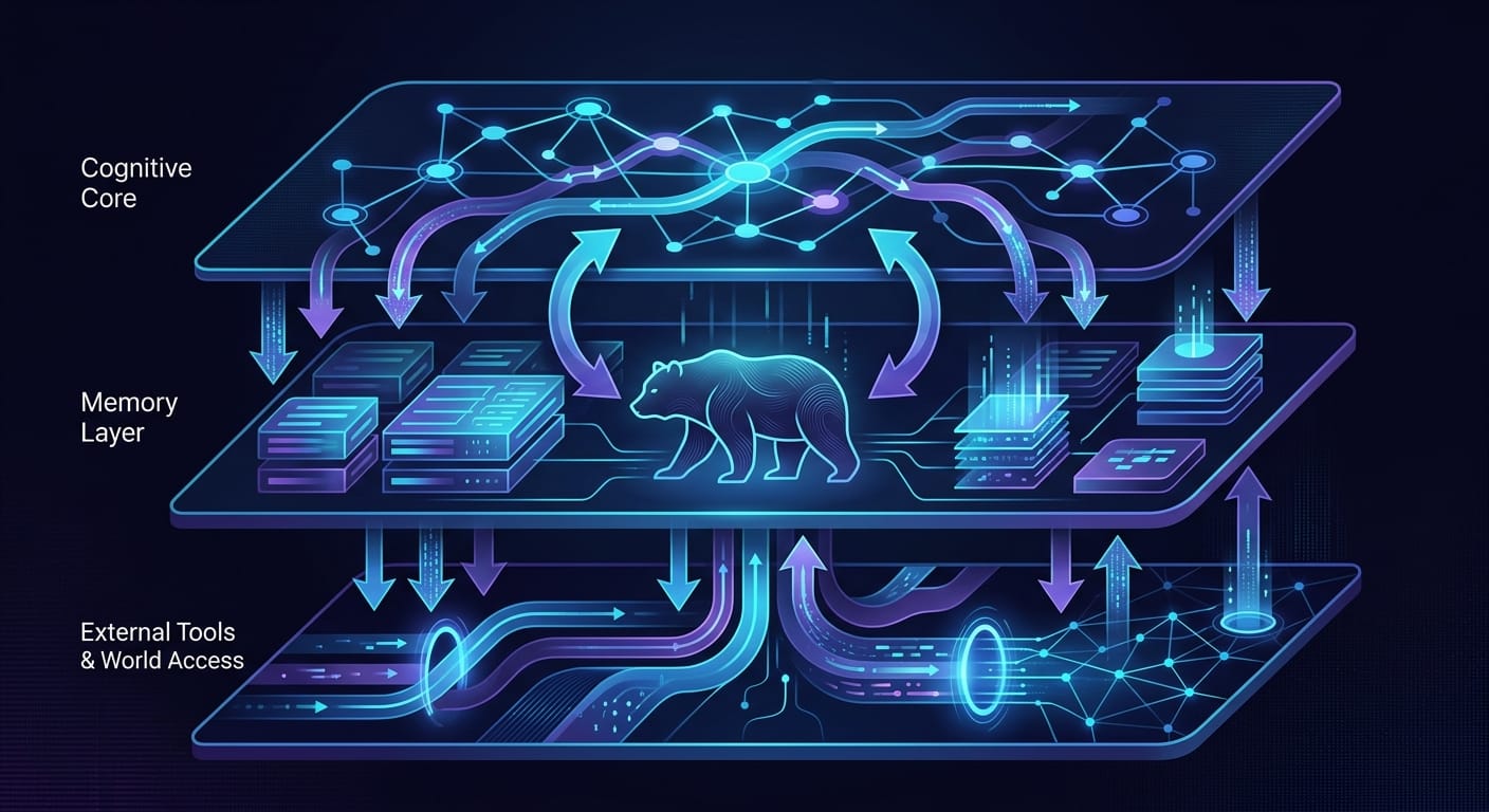 AI 系統中的認知核心、記憶層與工具層分工示意