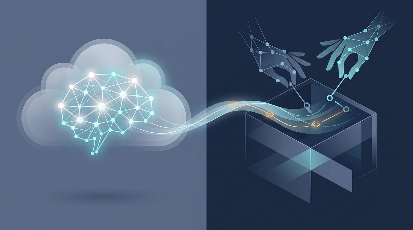 託管代理：腦在雲端、手可在自有基礎設施的抽象示意