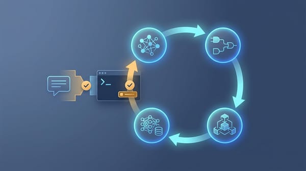 從聊天到本機執行的 AI 飛輪抽象示意